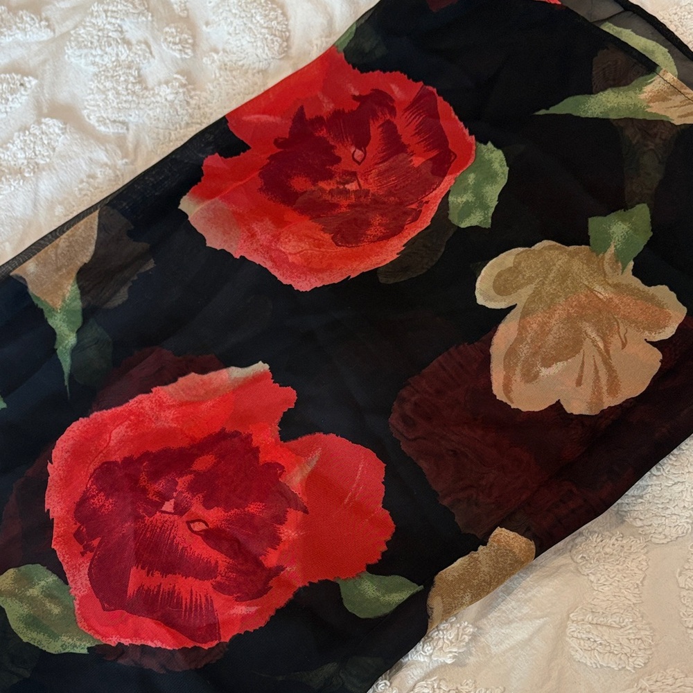 Black Floral Sheer Scarf with Red and Tan Blooms